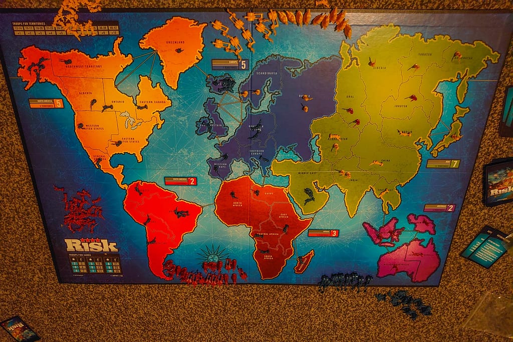 An image of the board game Risk during a family game night