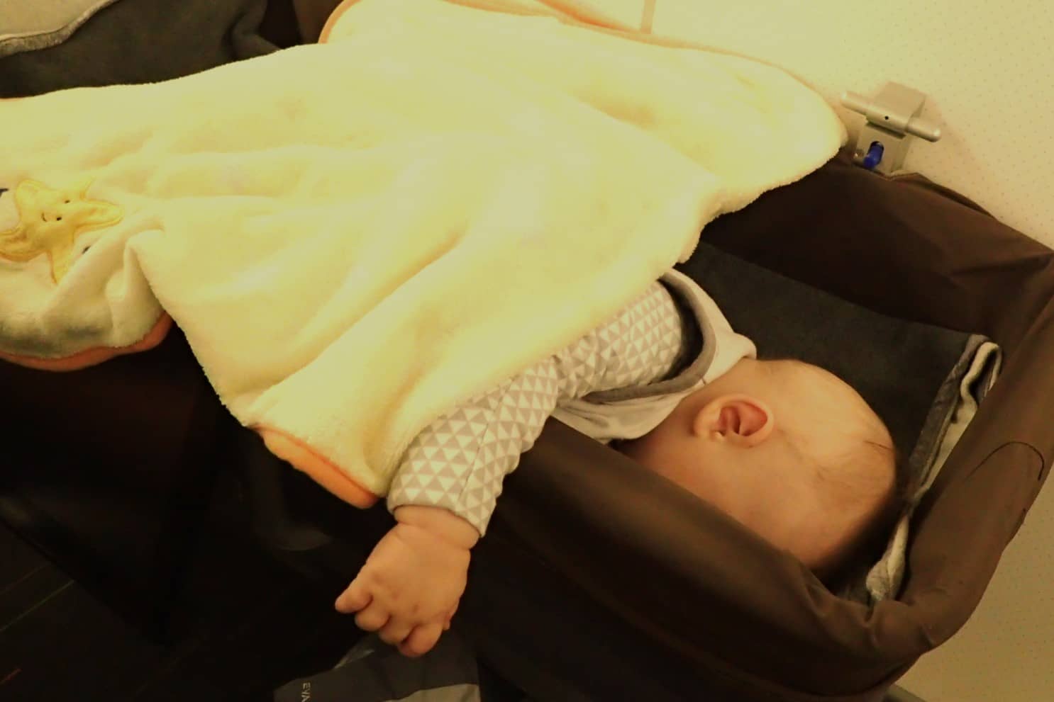 Baby asleep in a bassinet on a plane
